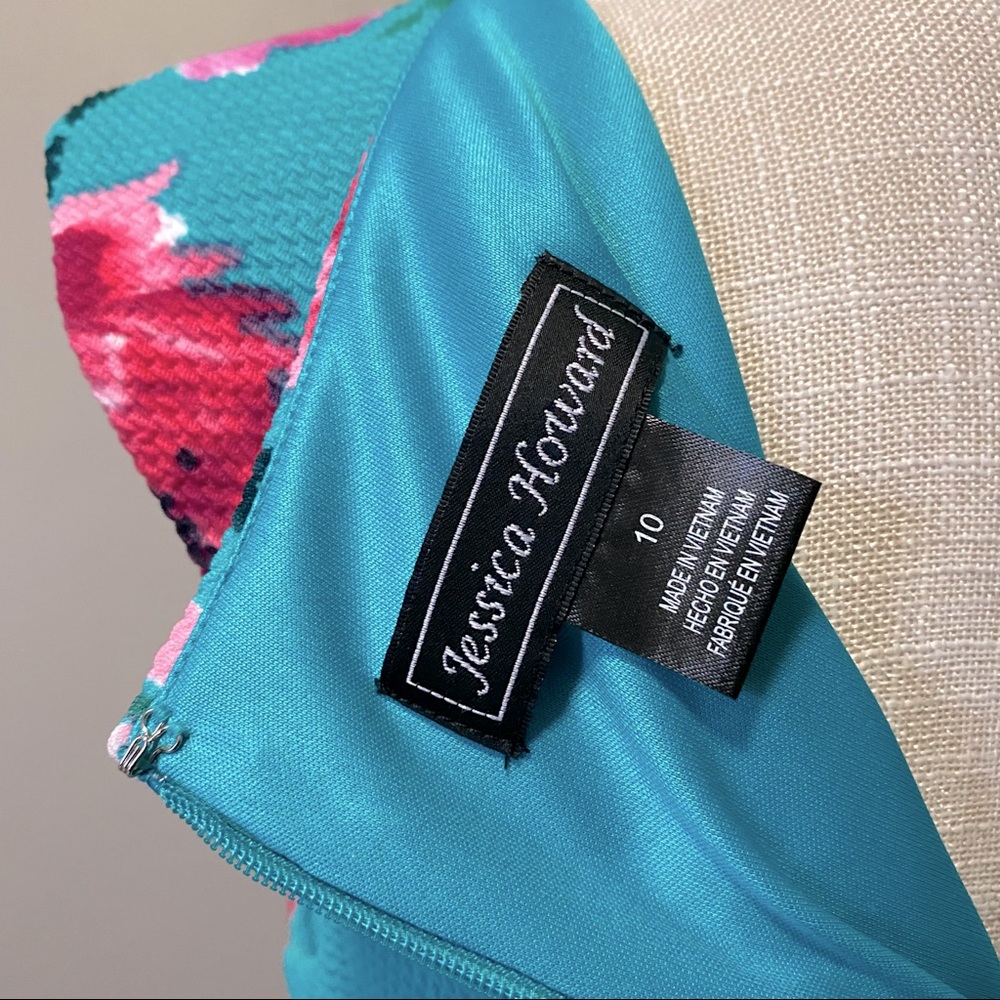 Knee length floral teal + pink fit and flare feminine dress by Jessica Howard - Picture 6 of 6